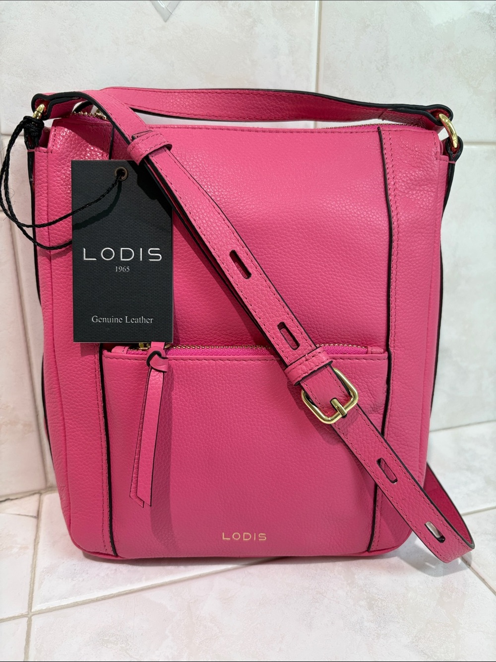Lodis Hot Pink/Fuschia Pebbled Leather Crossbody Bag with Gold-Tone Accents